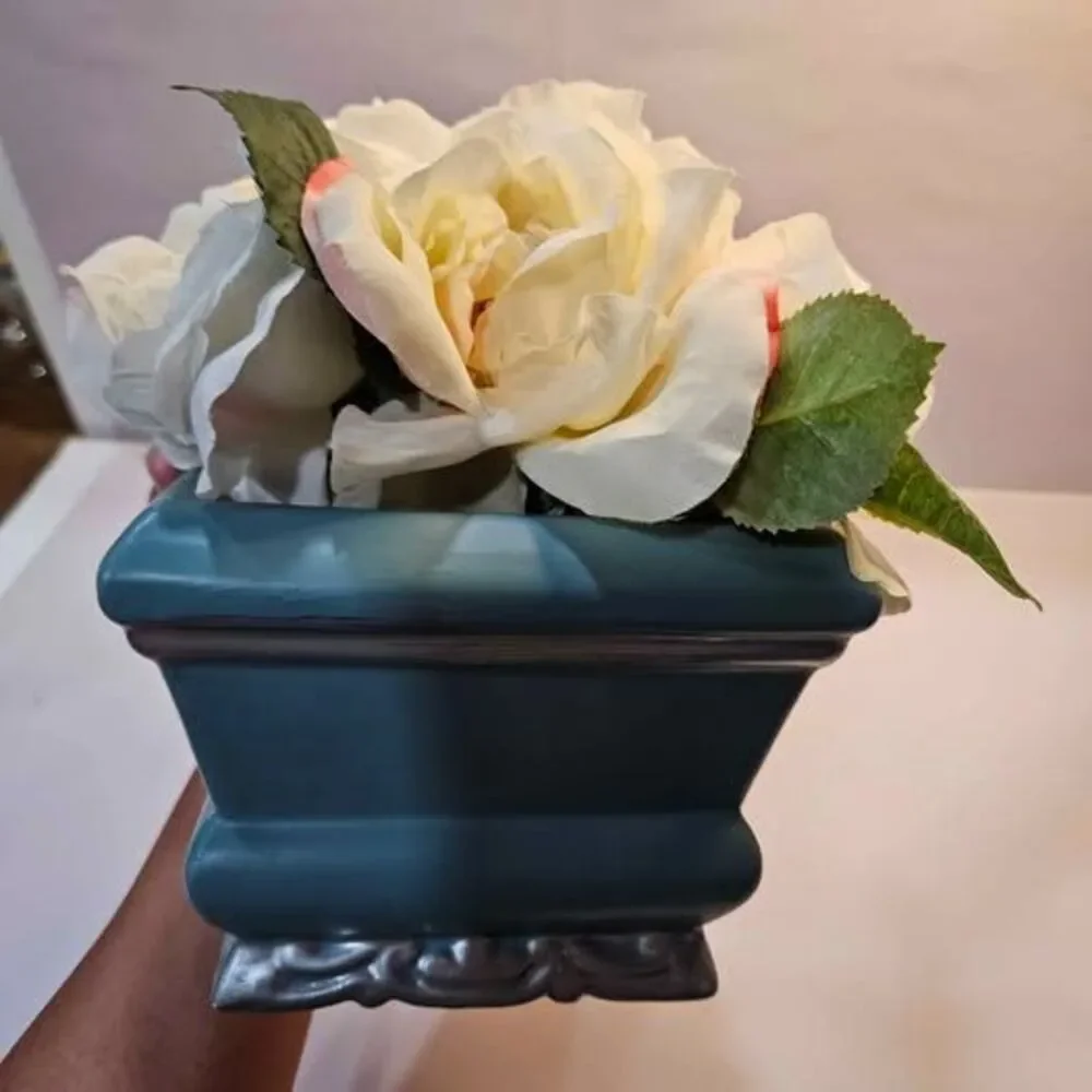 Artificial Rose Flower Arrangement in Teal Vase